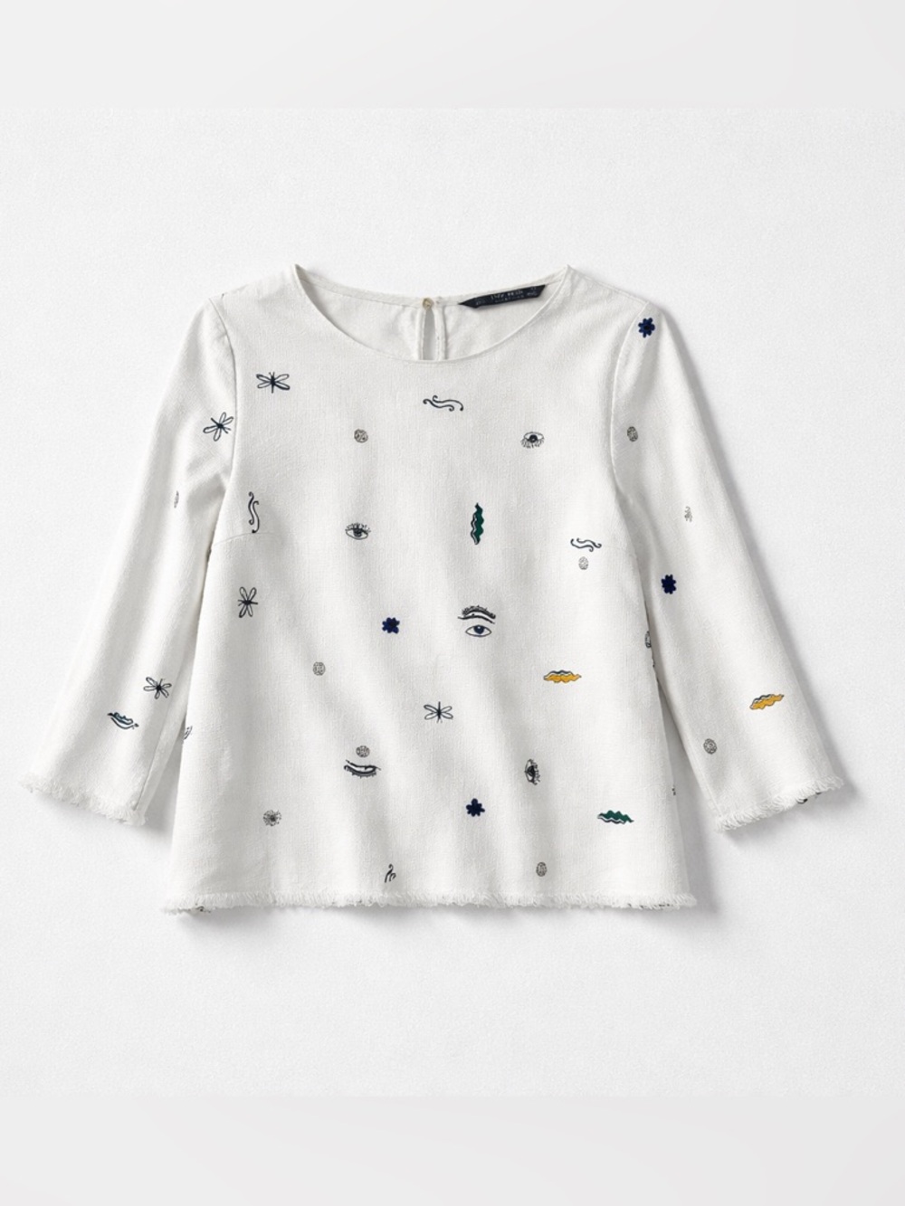 Zara White Embroidered Long Sleeve Top – Frayed Hem (Small)